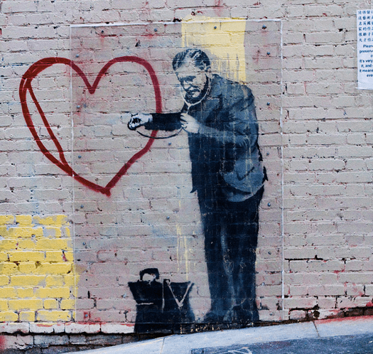 Image via Flickr Creative Commons. Bansky's "Peaceful hearts Doctor" courtesy of Eva Blue.